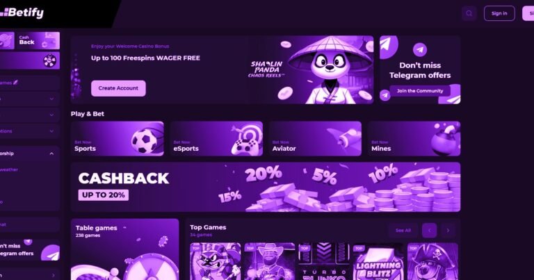 Betify Casino opiniones - pantalla principal del casino