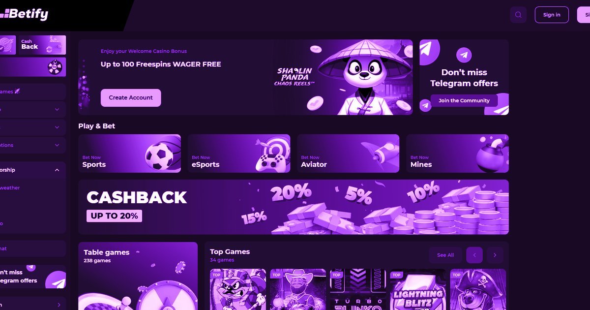 Betify Casino opiniones - pantalla principal del casino