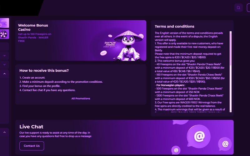 Betify Casino bono de bienvenida 100% hasta 500 EUR con código WL100