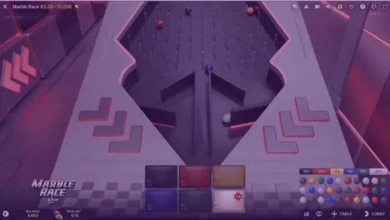 Interfaz de apuestas de Marble Race con las 6 canicas de colores y la ventana de 12 segundos